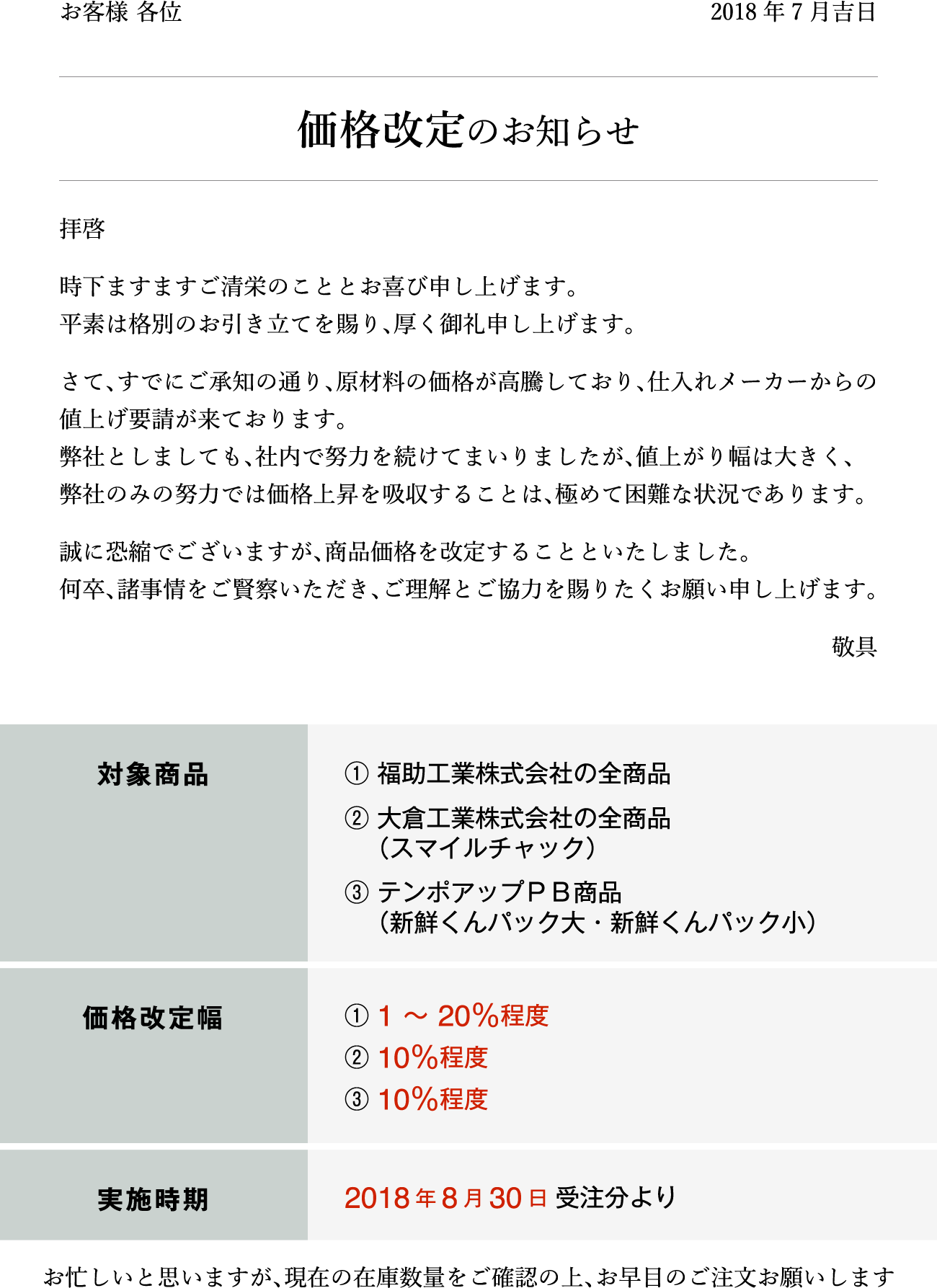 商品価格改定のお知らせ - 袋とシーラーの通販テンポアップ